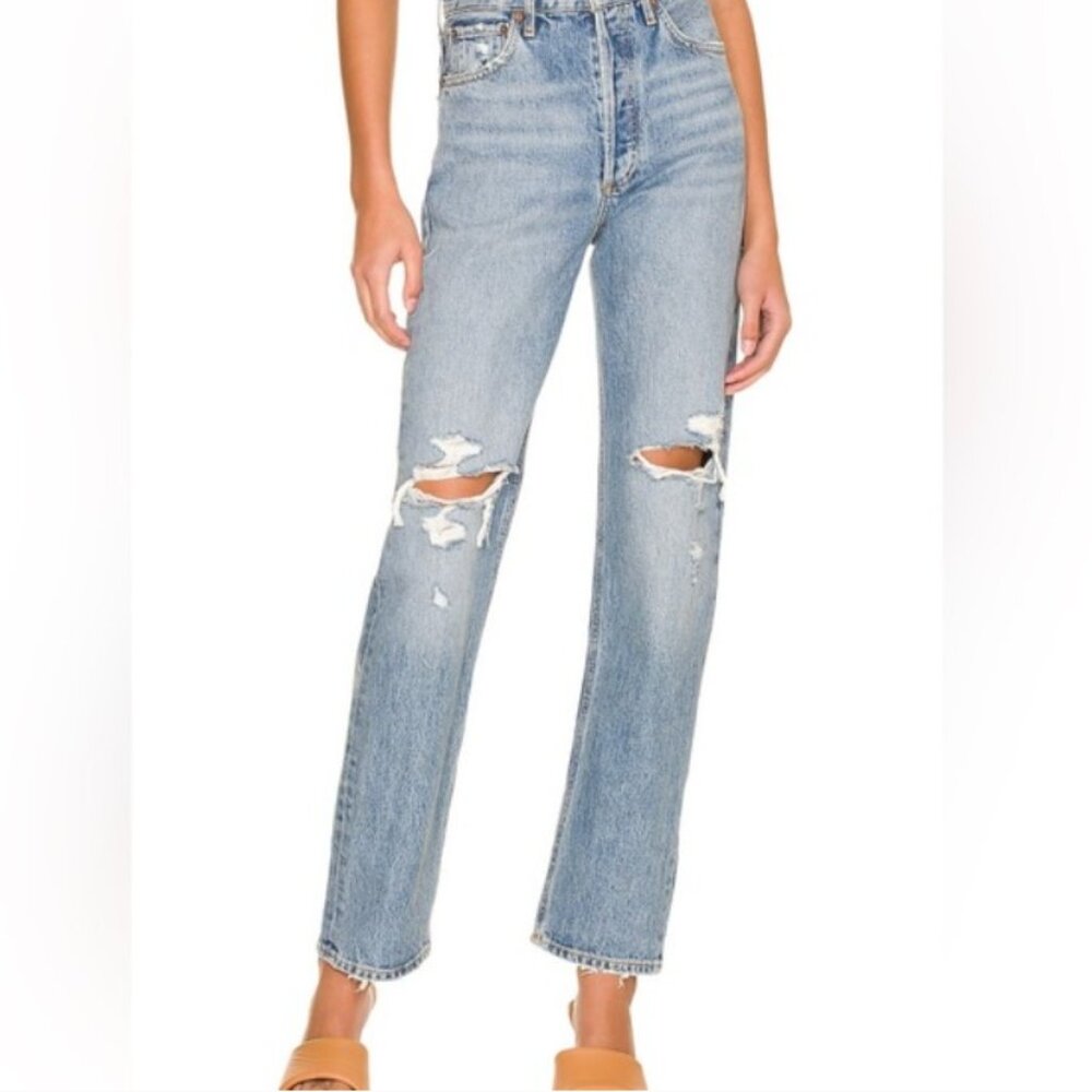 Agolde 90s pinch waist Rule color Light Blue Straight Leg Jeans with ripped knee